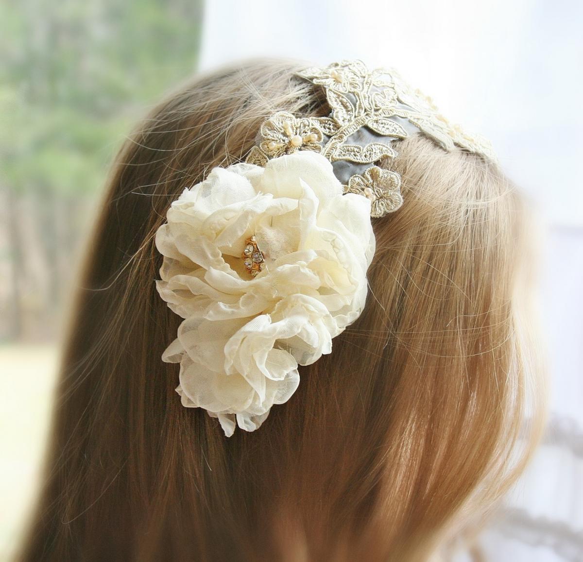 Lace Bridal Headpiece, Gold, Champagne, Bridal Headband, Pearl, Bridal Hair Flowers, Hair Accessories, Wedding Accessories